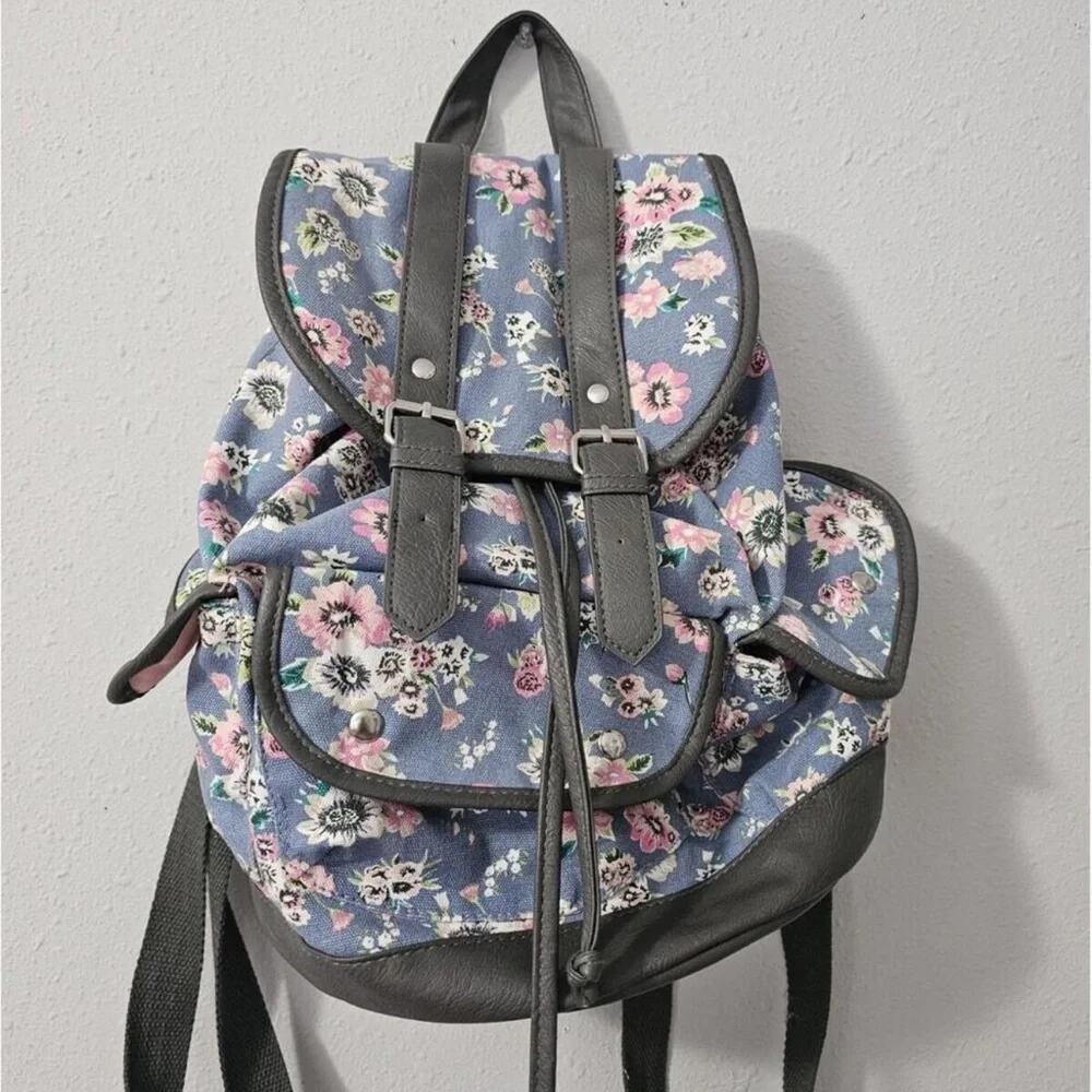 VINTAGE Candie's Blue Floral Canvas Backpack with Black Trim